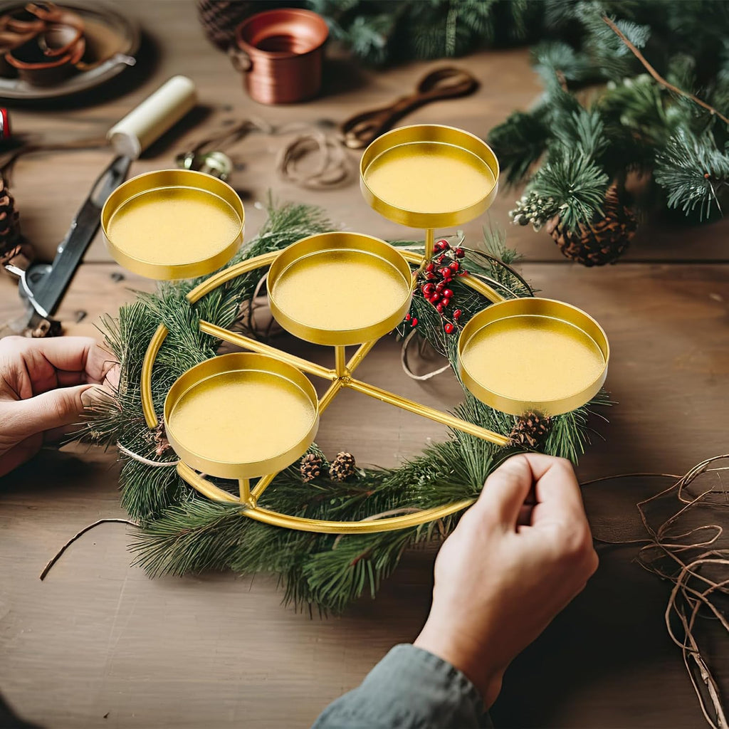Newtay Christmas Advent Wreath Ring with 5 Pillar Candle Holder Advent Wreath Holder Table Decoration Xmas Metal Candlesticks Ring for Holiday Christmas Home (Gold,Candle Cup Diameter 2.04 inches)
