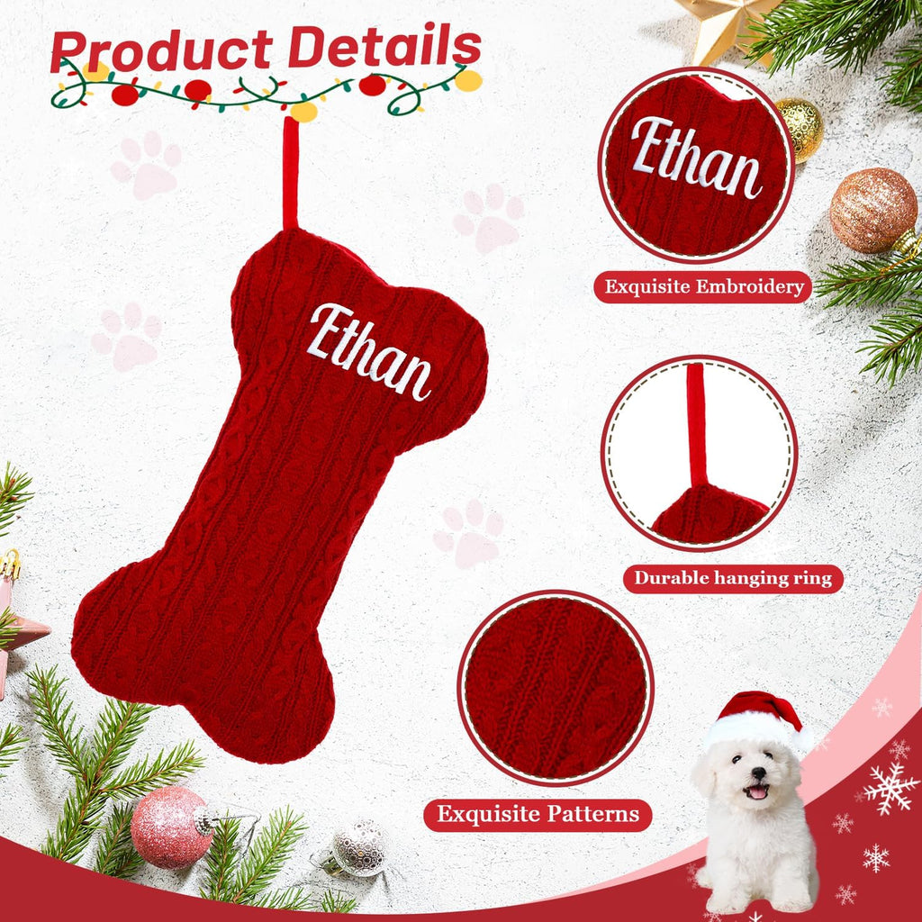 Personalized Pet Christmas Stocking,18 inch Custom Name Knit Christmas Stockings for Dog，Large Bone Xmas Stockings (Set of 1)
