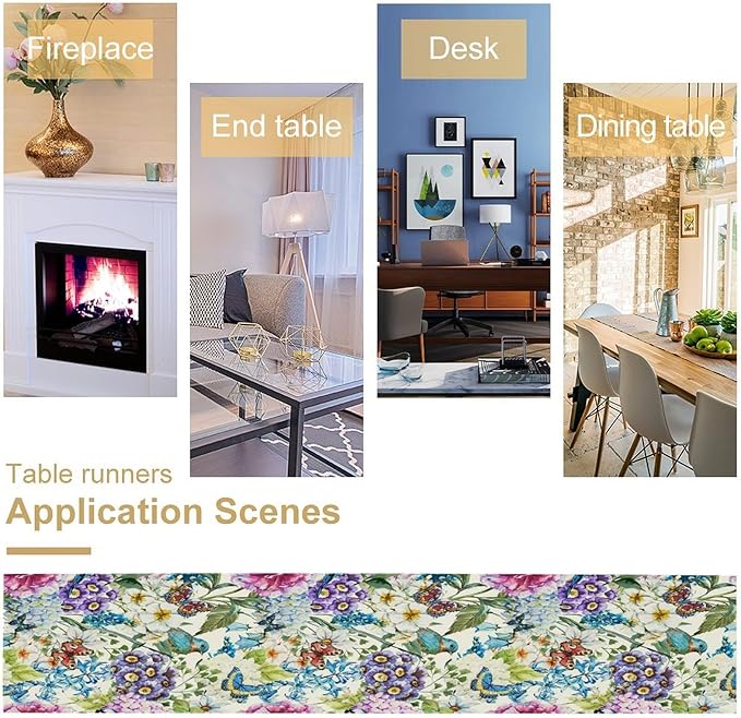 Brown Bird Floral Table Runner Spring Flower Kitchen Table Decoration Suitable for Family Dinner Decoration 13x120 Inch
