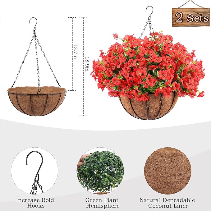 Hananona 24 Pcs Artficial Outdoor Flowers with Hanging Baskets, 2 Pack Hanging Planter with Red Outdoor Spring Flowers for Christmas Porch Home Patio Yard Decor (2, Red)