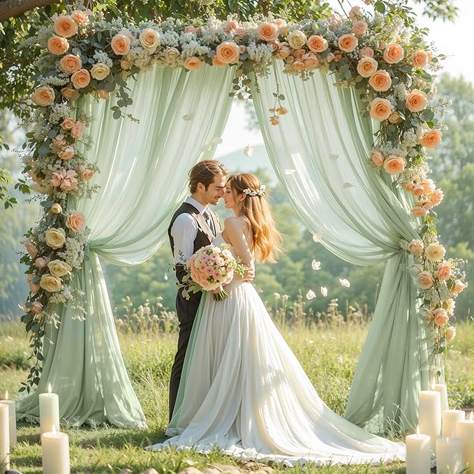 Wedding Arch Draping Fabric, 2 Panels 19FT Sage Green Arch Drapes Chiffon Fabric Drapery for Wedding Arch Decorations Ceremony Reception Party Ceiling Backdrop