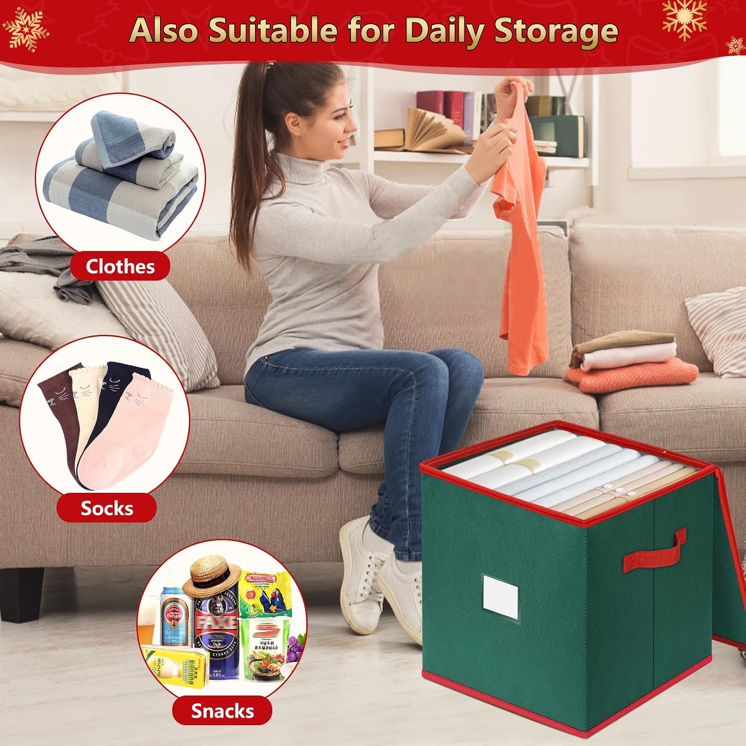Christmas Ornament Storage Box Stores 64 Ornaments, with Adjustable Dividers, 4 Removable Trays, Dual Zippers, Non-Woven Christmas Ornament Organizer Holder, Christmas Ball Storage Container