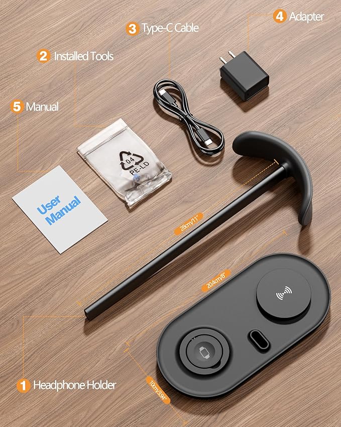 HiWe Universal Headphone Stand, Magnetic Wireless Charger for iPhones/AirPods/iWatch, Aluminum Alloy Rod, Leather Pad, ABS Solid Base, Black