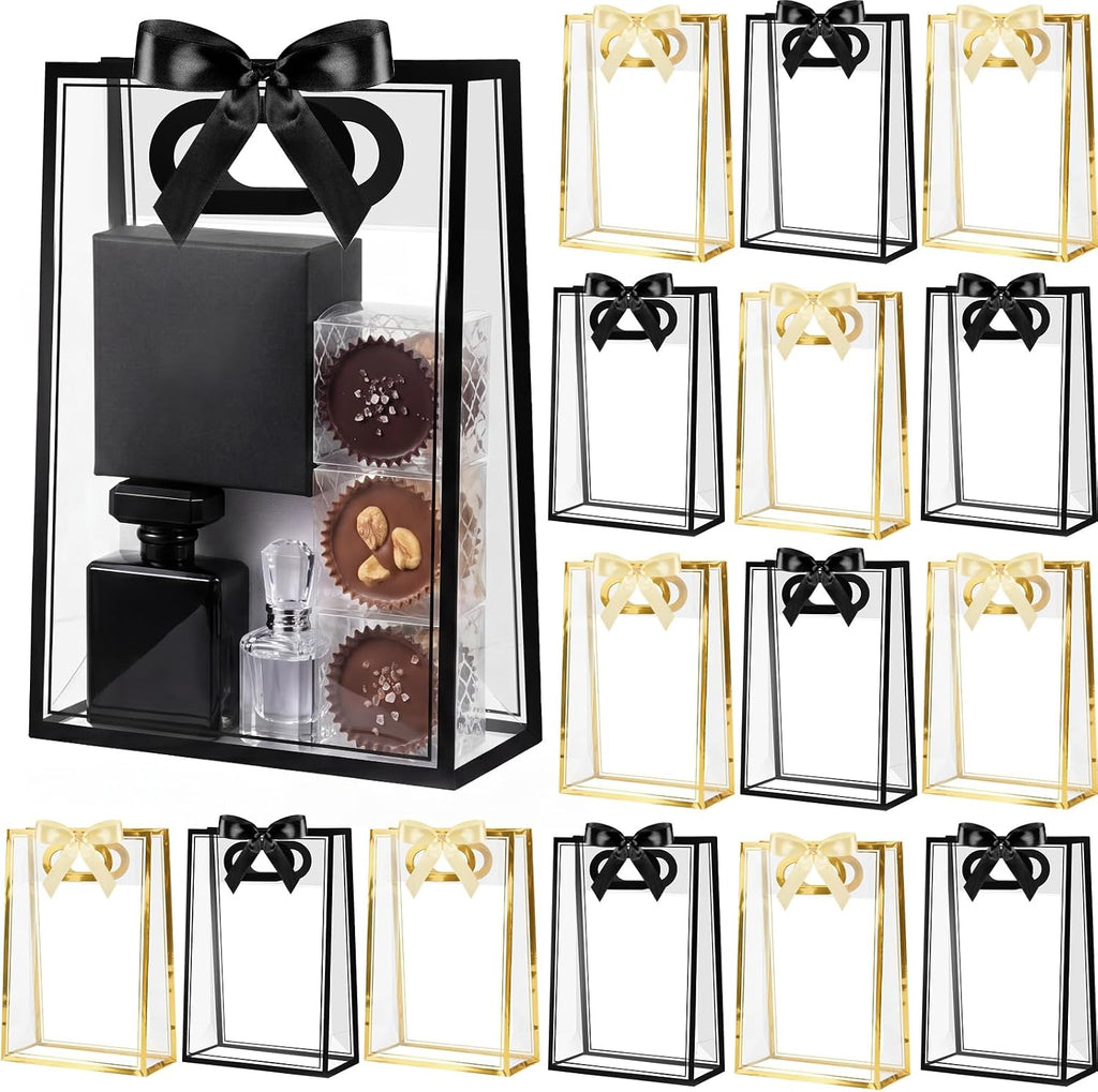 Mooliwe 24 Pcs Black Gold Gift Bags with Handles, Clear Plastic Gift Bags with Ribbons Reusable Tote Bag for Birthday Weeding Party Supplies Company Business Events
