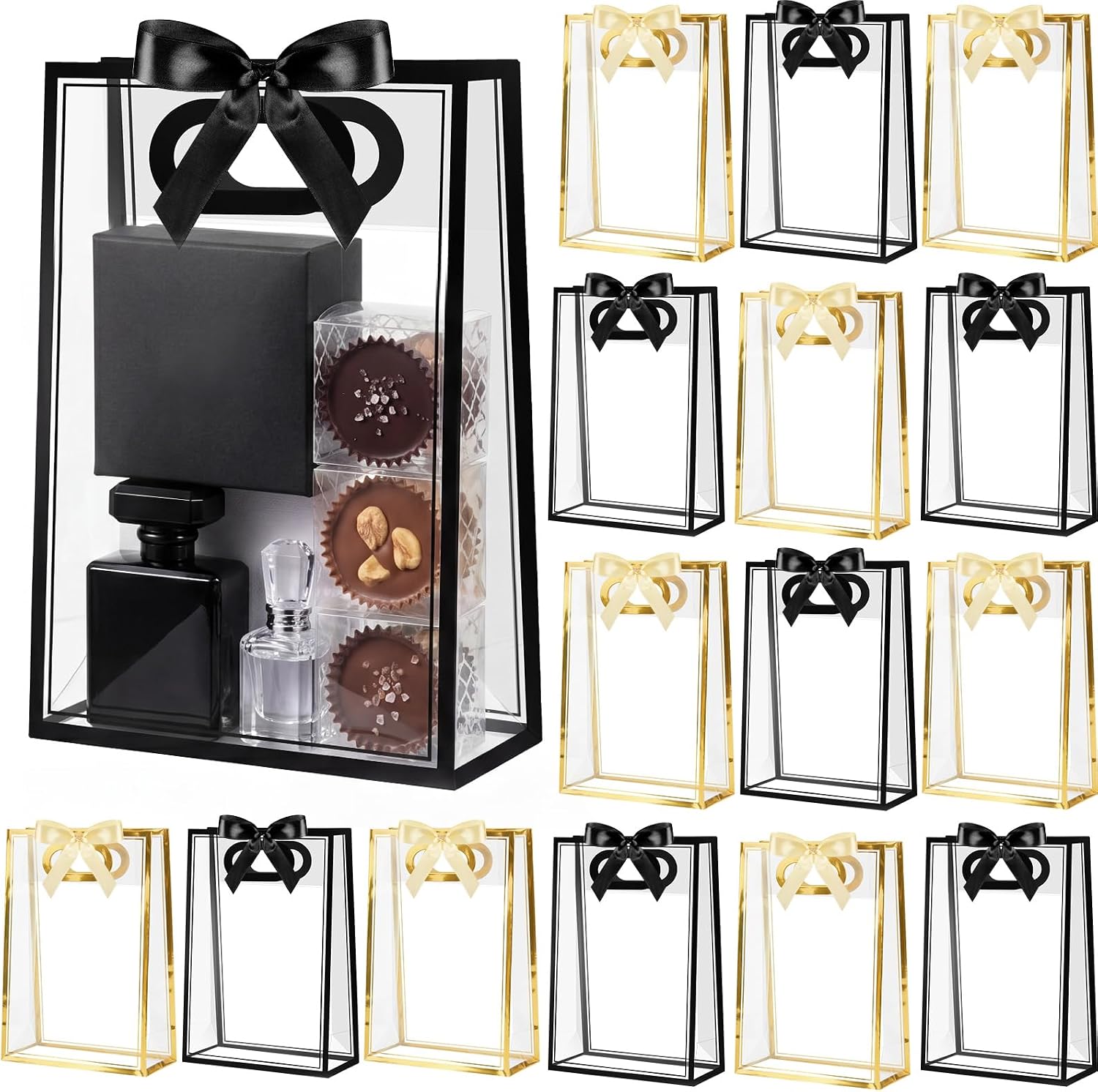 Mooliwe 24 Pcs Black Gold Gift Bags with Handles, Clear Plastic Gift Bags with Ribbons Reusable Tote Bag for Birthday Weeding Party Supplies Company Business Events