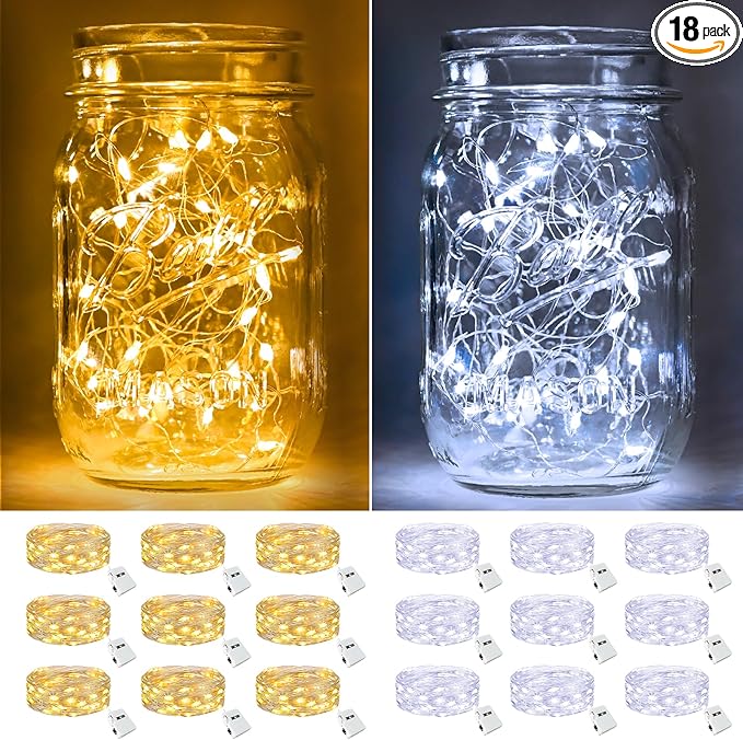 btfarm 18 Pack Fairy Lights Battery Operated [3 Modes], 7ft 20 Led Twinkle Lights String Lights Waterproof Bulk Small Mini Silver Wire for Christmas Mason Jars Wedding Table Centerpiece