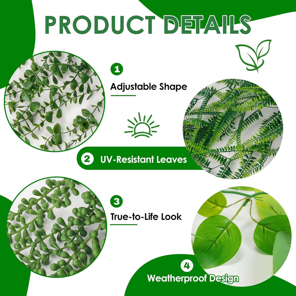 Der Rose 4Pcs Fake Plants Hanging Artificial Ivy Vine Faux Eucalyptus Hanging Plants, Boston Fern, String of Pearls for Living Room Aesthetic Bedroom Boho Kitchen Wall Shelf Indoor Outdoor Decor