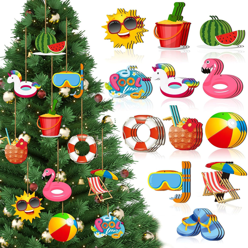 Chunful 36 Pieces Summer Tree Ornaments Christmas in July Wood Hanging Decoration Beach Wooden Slices Winter Tree Ornaments with String for Luau Hawaiian Party Supplies (Pool Style)