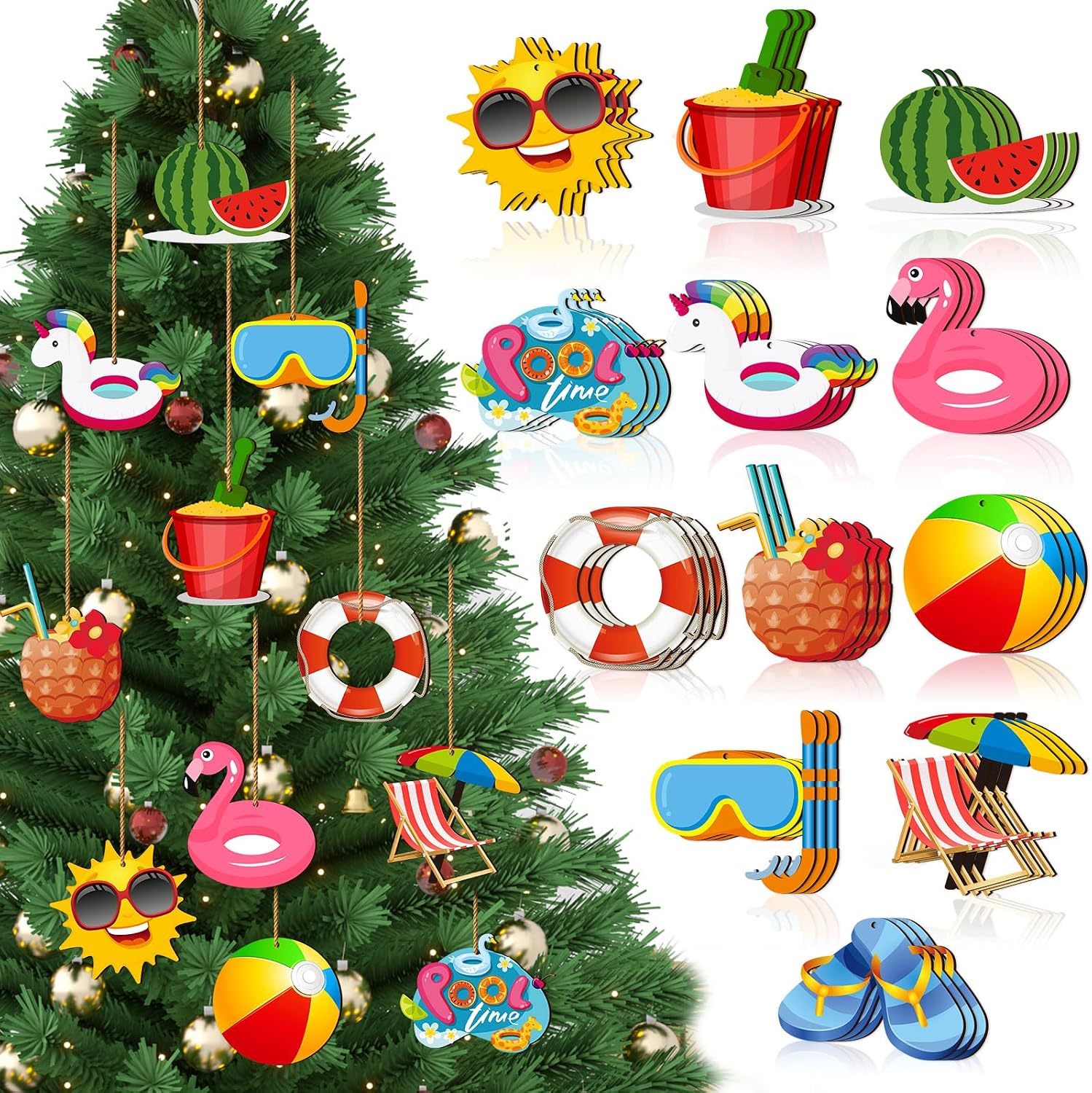 Chunful 36 Pieces Summer Tree Ornaments Christmas in July Wood Hanging Decoration Beach Wooden Slices Winter Tree Ornaments with String for Luau Hawaiian Party Supplies (Pool Style)