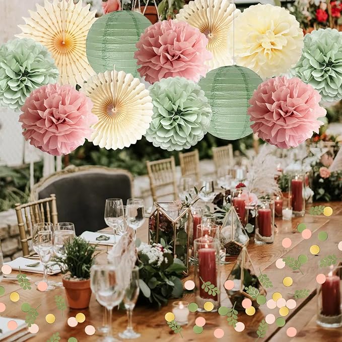 Dusty Pink and Sage Green Party Decorations Dusty Rose Sage Green Tissue Pom Poms Paper Lanterns Confetti Dots Scatter Table Decoration for Women Girls Birthday Party Wedding Baby Shower Engagement