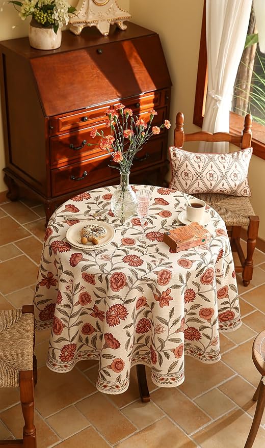 ISAENNE Designer French Small Round Tablecloth,Linen Orange Floral Pattern Indoor Table Cloth,Wrinkle Resistant Decor Table Cloth for Dining Thanksgiving Kitchen Party,Diameter 55"-Alvarado D