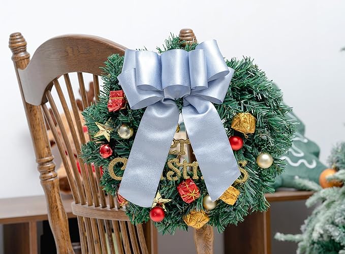 Light Blue Satin Wired Ribbon 2-1/2 Inch Double-Faced Sliver Glitter Christmas Ribbons for Wreath, Tree Decoration, Gift Wrapping, Home Decor 10 Yards