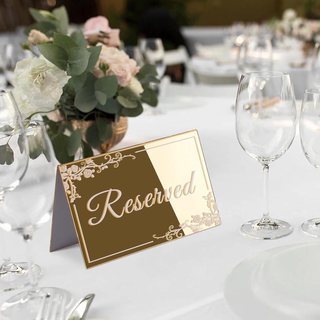 KAITELA 10 Pack Gold Acrylic Reserved Table Signs 6" x 4" Double Sided Reservation Seating Tent Cards for Wedding, Reception, Restaurant, Ceremony, Events