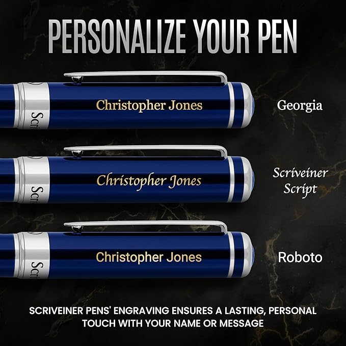 Scriveiner Personalized Midnight Blue Pen - Stunning Blue Lacquer Luxury Pen, Chrome Finish, German Schmidt Nib (Medium), Best Engraved Fountain Pen Gift Set for Men & Women, Name Engraving