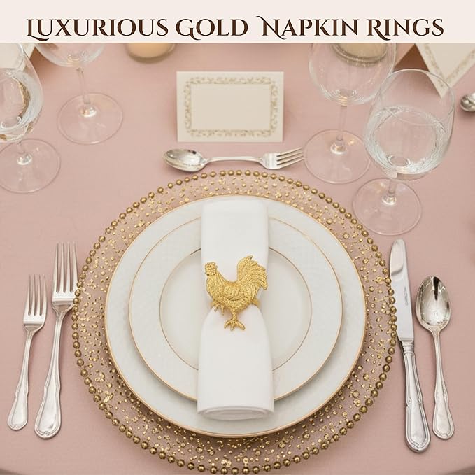 Set of 12 Rooster Napkin Rings for Farmhouse Table Decor | Premium Metal Chicken Dinnerware Holders | Rustic Kitchen & Holiday Party Table Setting (Gold) - ALPHA Living HOME
