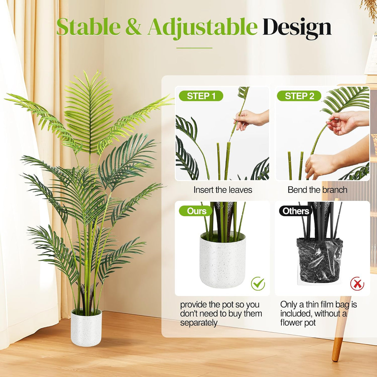 artificial palm tree 4ft, suntee fake tree with, side view