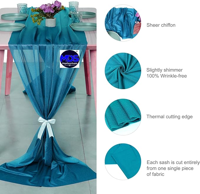 MDS 2 Pack 10ft Chiffon Table Runner 29 x 120 Inches Sheer Wedding Runner Romantic Rustic Table Runner for Wedding Decorations, Birthday Parties, Bridal Shower Party Arch Decor - Dark Teal
