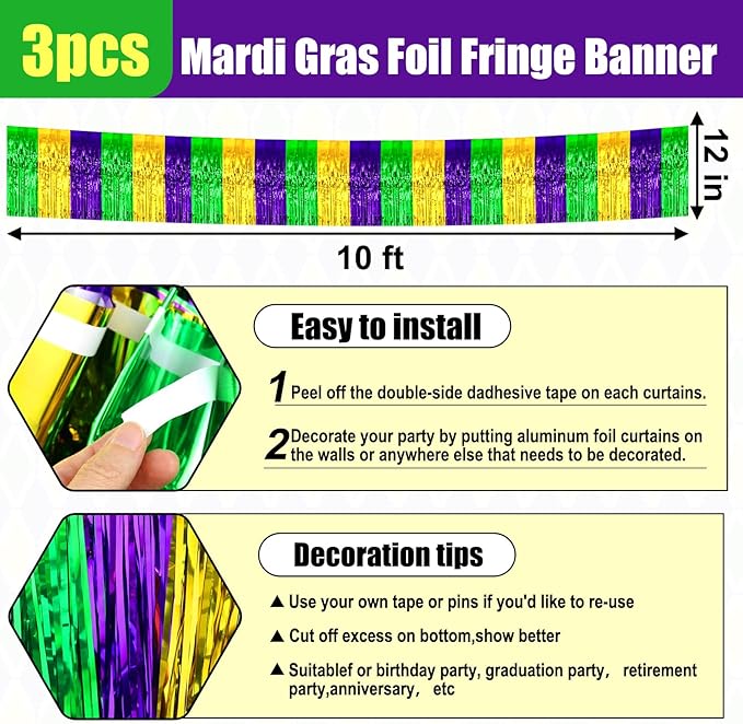 3 Pack 10 Long Gold Green Purple Metallic Foil Fringe Garland Wall Hanging Tassle Banner, Mother's Day, Easter, Parade Floats, Birthday, Theme Party, Wedding Party Decorations