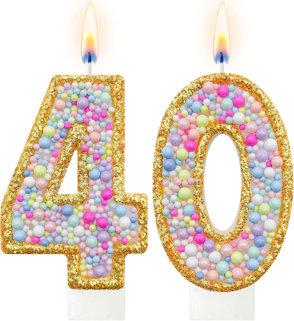Number 40 Birthday Candle with Gold Glitter Border and Colorful Bead Design, Cake Topper Decoration for Boys Girls