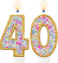 Number 40 Birthday Candle with Gold Glitter Border and Colorful Bead Design, Cake Topper Decoration for Boys Girls