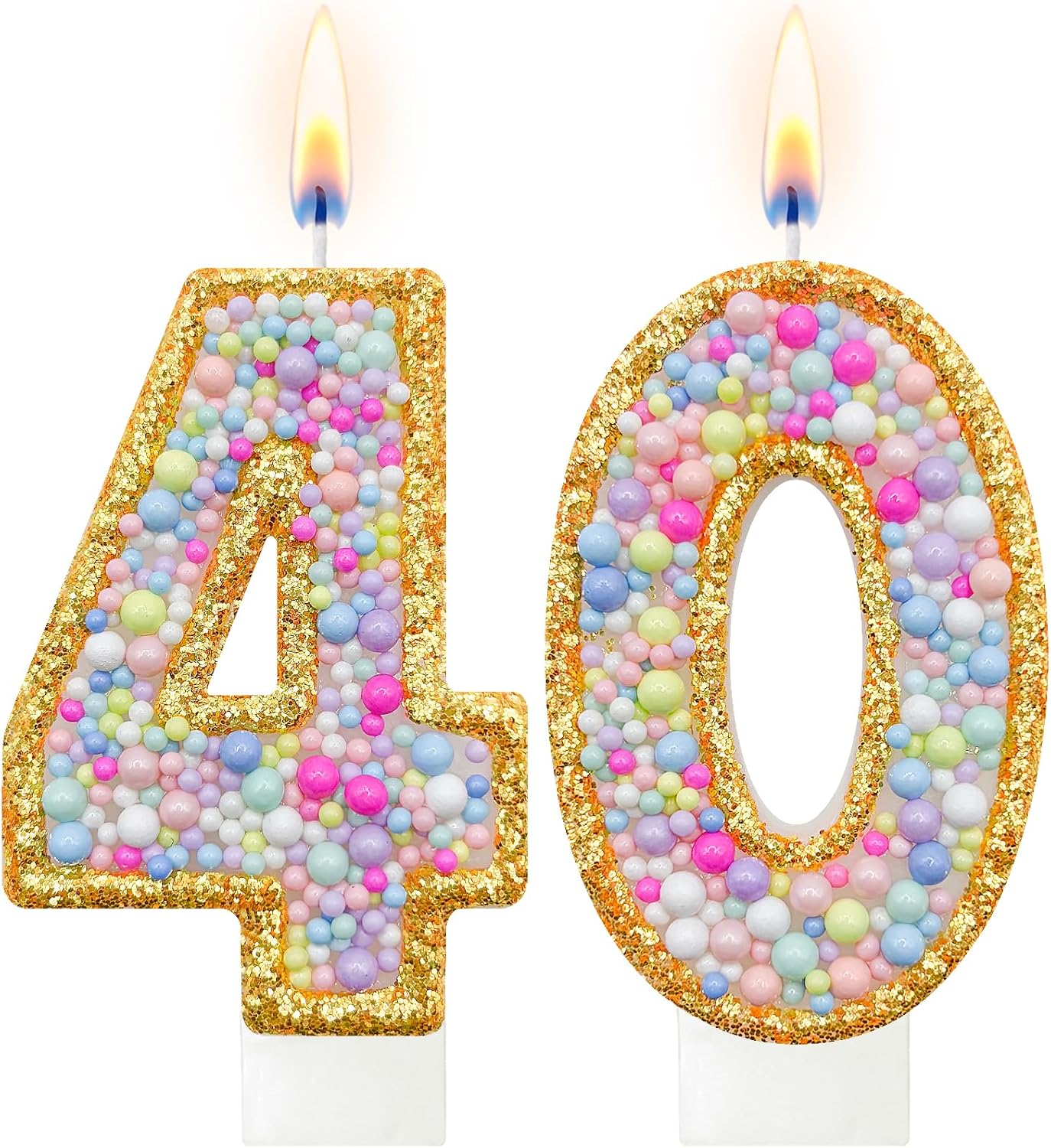 Number 40 Birthday Candle with Gold Glitter Border and Colorful Bead Design, Cake Topper Decoration for Boys Girls