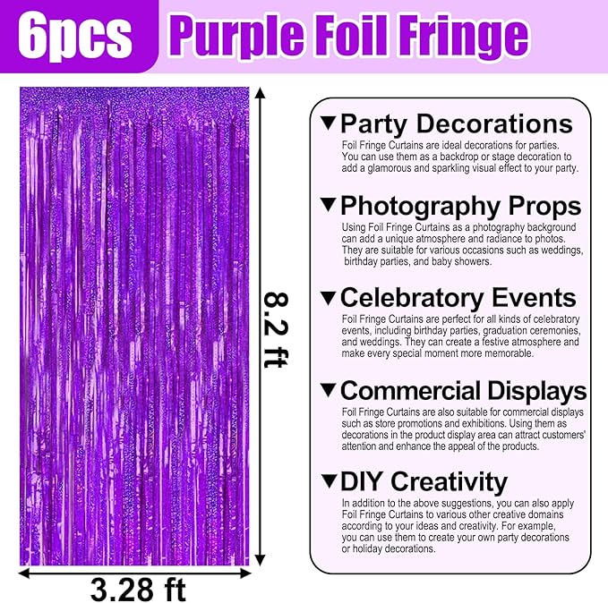 6 Pack Purple Foil Fringe Curtain Backdrop, 3.28Ft x 8.2Ft Metallic Tinsel Foil Fringe Streamer Curtains for Photo Booth, Birthday, Wedding, New Year Party Decorations