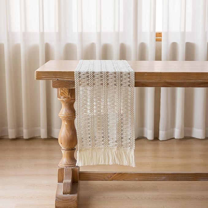 Boho Table Runner White for Home Decor 12x90 Inches Farmhouse Macrame Burlap Jute Rustic Dining Kitchen Centerpiece Bohemian Decor French Country Baby Bridal Shower Decorations