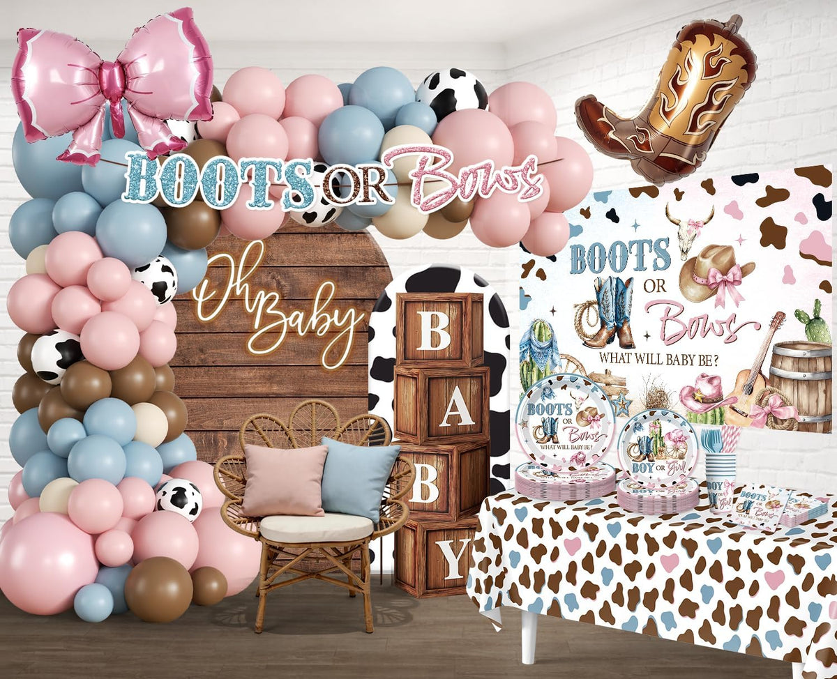 boots or bows gender reveal decorations set for, side view