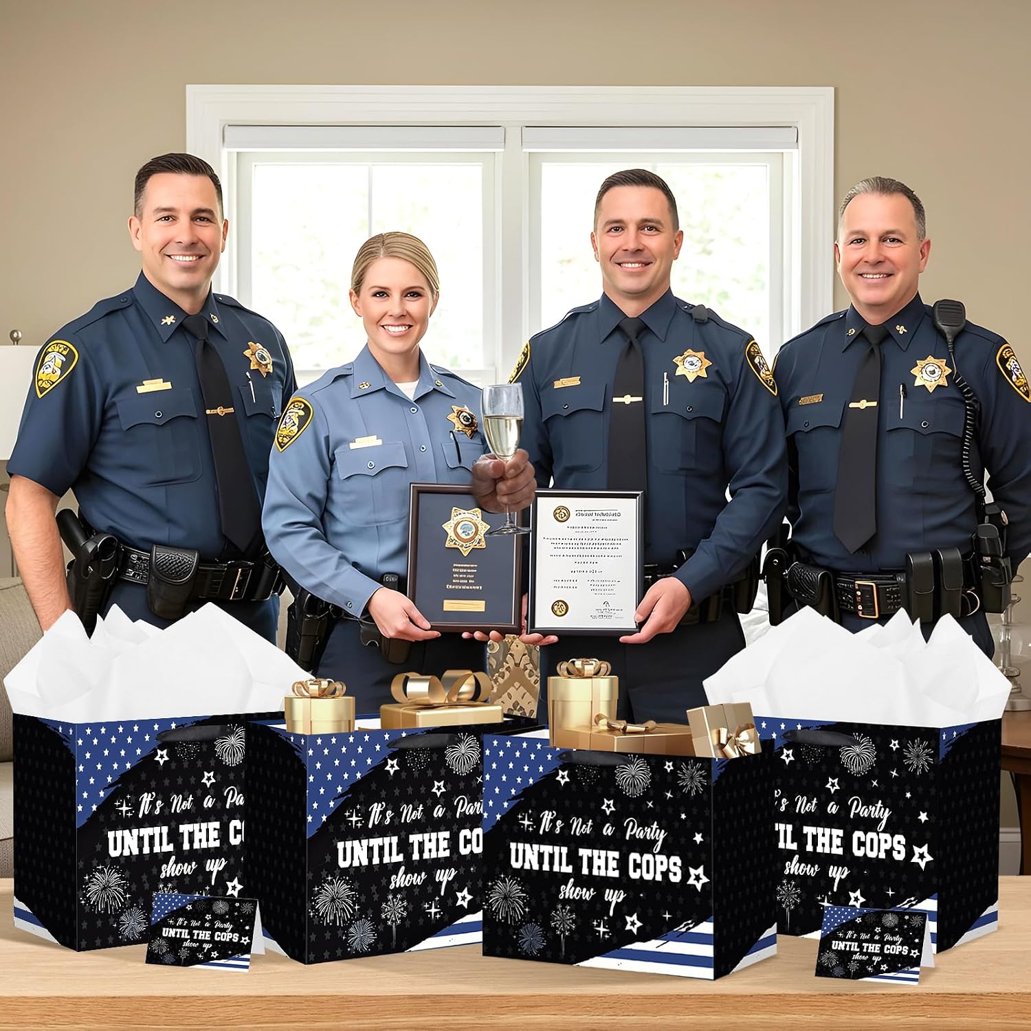 LUUFILx Police Gift Bag for Men Women It's Not a Party Until The Cops Show Up with Wrapping Paper Card Black White and Blue American Flag Police Theme Decor for Birthday Grad Retirement Party(Blue)