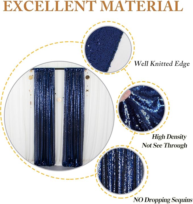 ShinyBeauty Navy Blue Backdrop 2FTx8FT Sequin Backdrops 8 Panels Photo Backgrounds Shimmer Background Sparkly Curtains 16FTx8FT for Baby Shower Party Studio Decor