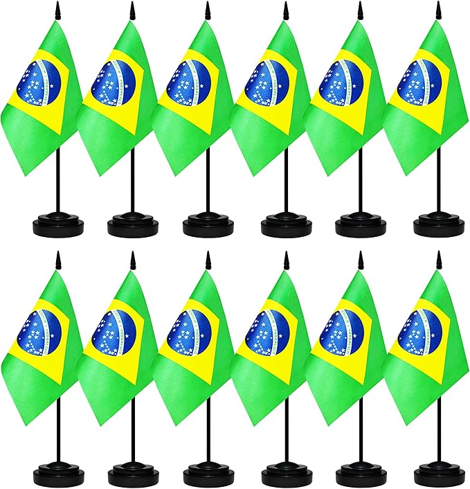 12 Pack Brazil Desk Flags Set, Brazilian Small Mini Table Office Flags with 12" Solid Black Pole, 8.2 x 5.5 Inches, Home and Office Decoration, Festival Celebrations