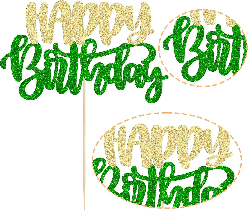Gyufise 1Pcs Happy Birthday Cake Topper Glitter Happy Birthday Cake Pick for Christmas Theme Wedding Anniversary Theme Party Cake Decorations Supplies Green Gold