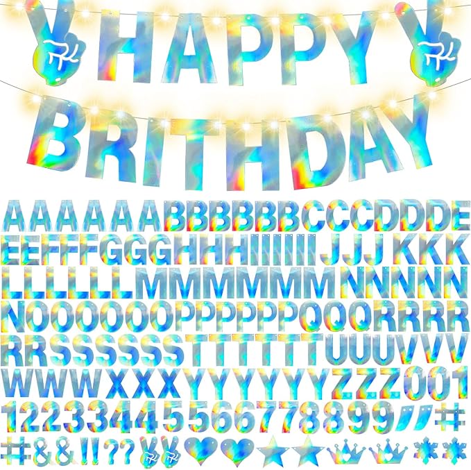167Pcs DIY Glitter Customizable Banner Kit Custom Banner Happy Birthday DIY Letter Banner Happy New Year Personalized Banner Christmas Baby Shower Birthday Party Decorations Supplies（Shiny Holografic）