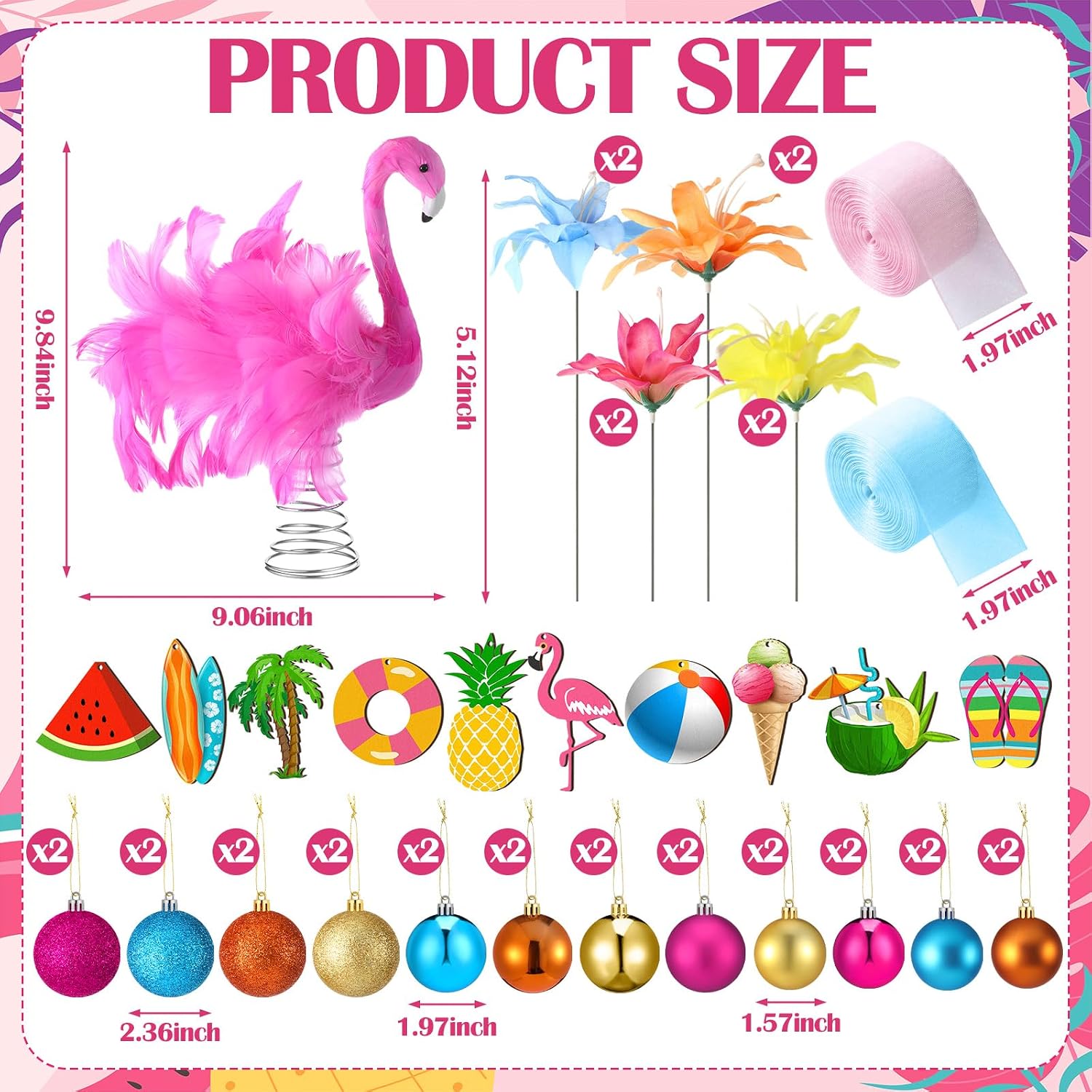 Seenelling 65 Pcs Summer Christmas Tree Ornaments, Tropical Flamingo Decor | Pink Flamingo Topper, Wooden Hangers, Faux Flowers, Ribbon, Luau Beach Party, Christmas in July