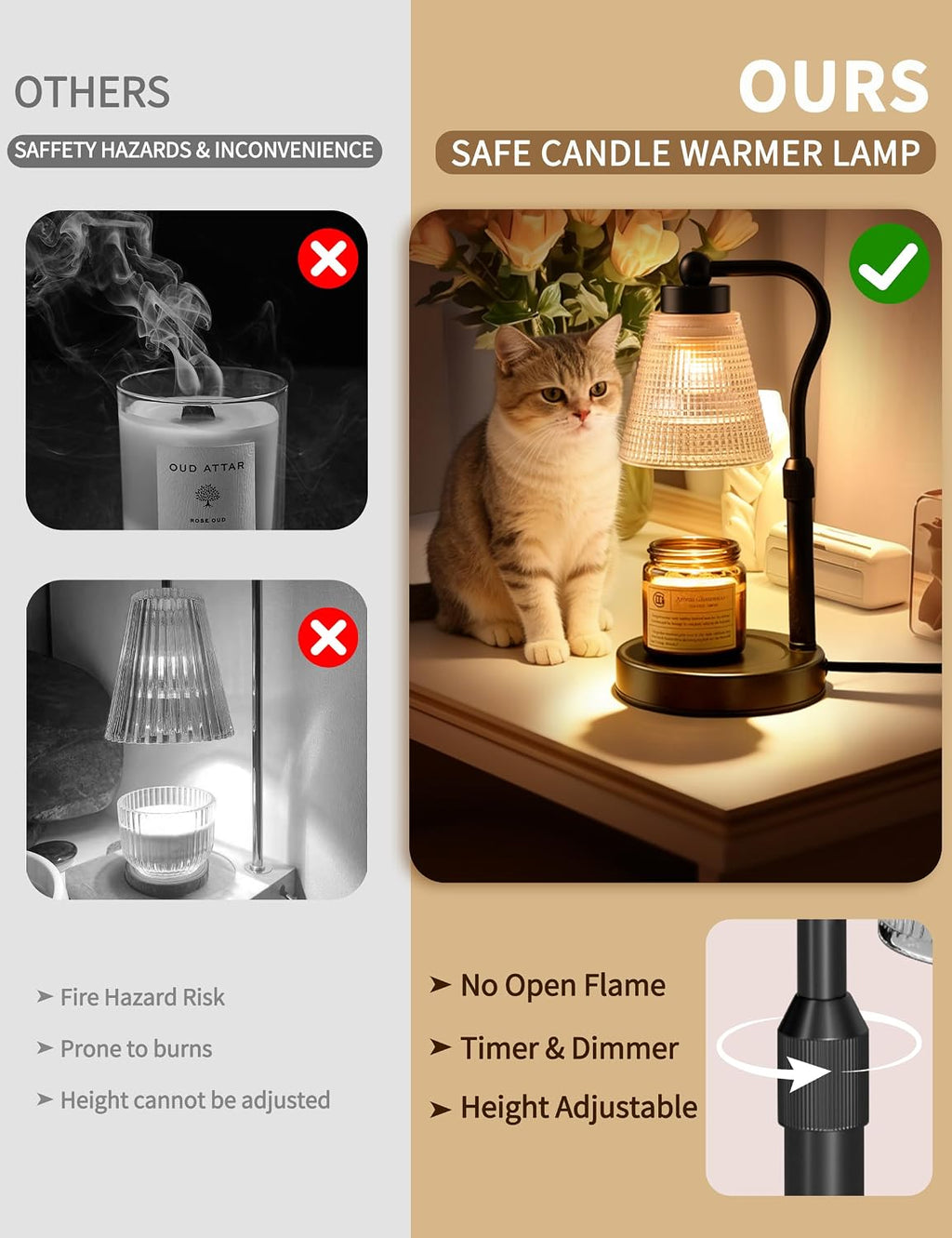Candle Warmer Lamp for Jar Candles, Height Adjustable & Dimmable with 2/4/8H Timer, 2*50W Halogen Wax Melter Warmer for Home Office Décor, Flameless & Smokeless, Gift for Women Mom, Black-Clear/1 Pack