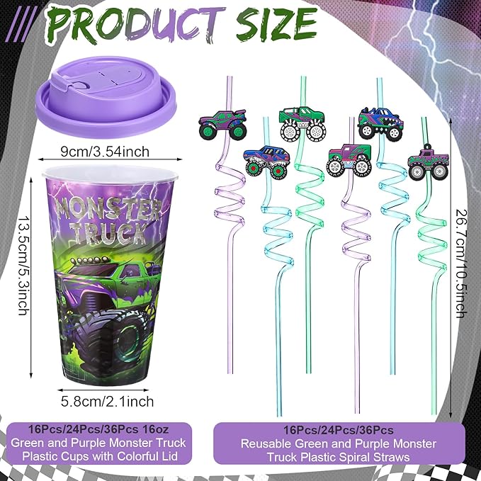 Yungyan 16 Sets Green Purple Monster Truck Party Favors Goodie Cups with Lids and Straws for Halloween Party Decorations Reusable 16oz Plastic Candy Cups Plastic Straws for Birthday Gift(Truck)