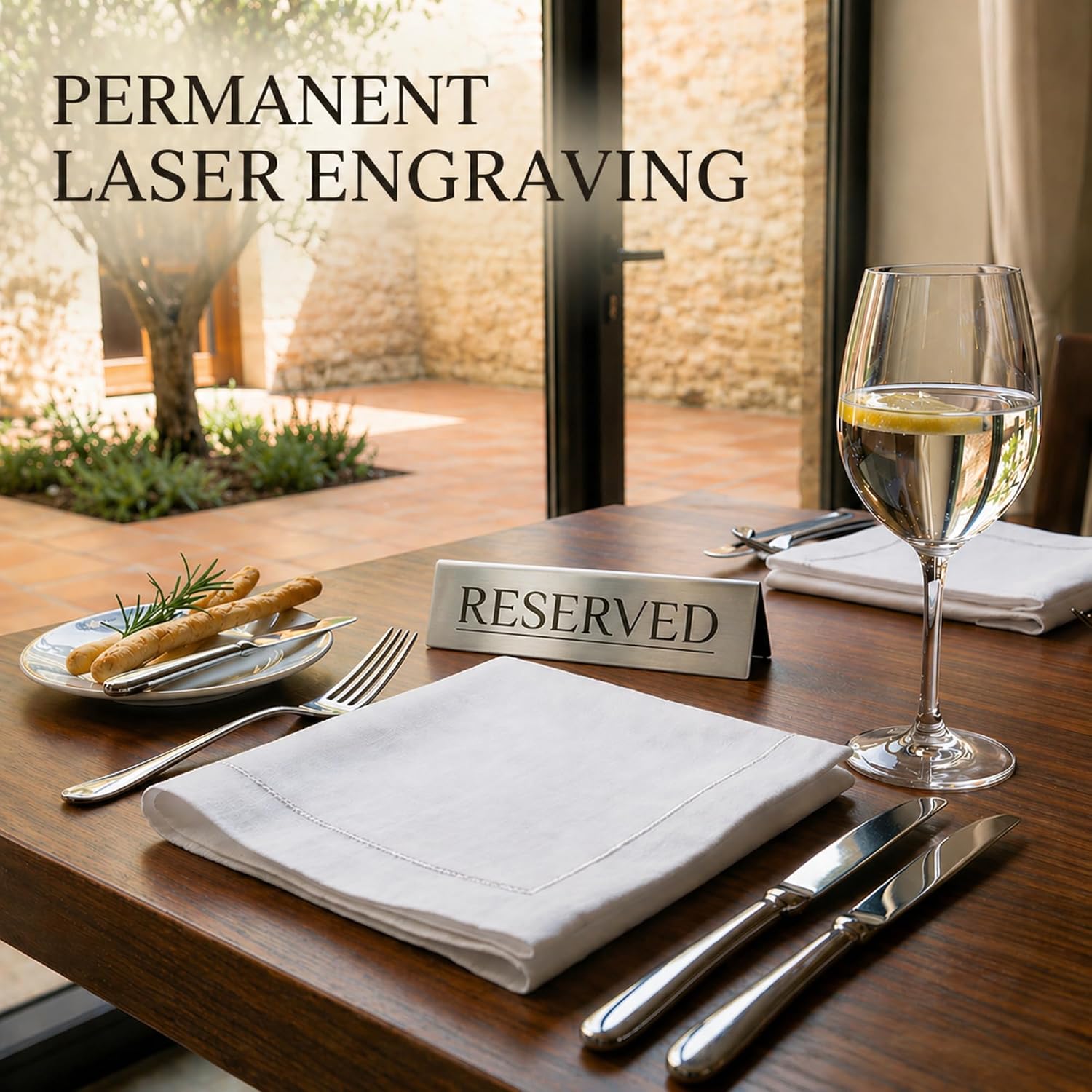 Reserved Table Signs Set of 6 | Raised Black Letters, Brushed Stainless Steel, Reusable Double-Sided | Reserved Seating Signs for Weddings, Restaurants, Church Pews, Events | 6×1.6 in