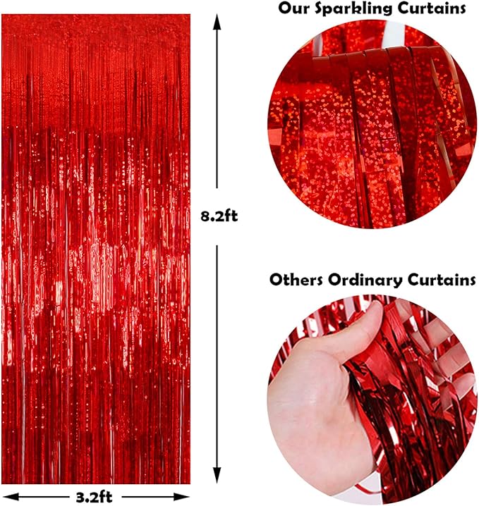 Foil Fringe Curtains Red Streamers Party Decorations - Melsan 3 Pack 3.2 x 8.2 ft red Fringe Backdrop Party Photo Backdrop for Back to School Birthday Party Baby Shower or Graduation Decorations