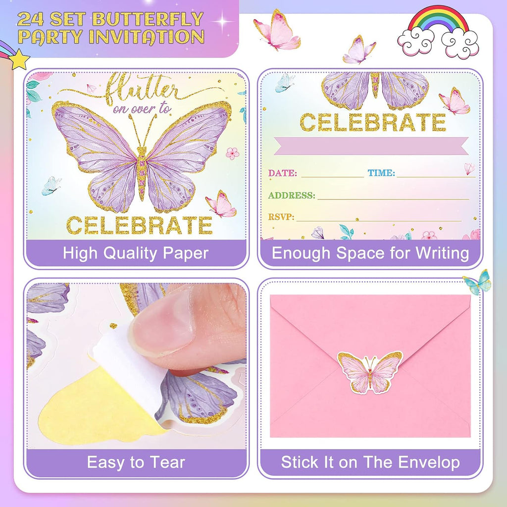 Sepamoon 24 Sets Butterfly Birthday Invitations Girl with Envelopes and Stickers, Baby Shower Invitations for Girl, Butterfly Birthday Party Invitation Cards for Children Party Supplies Favors(Purple)