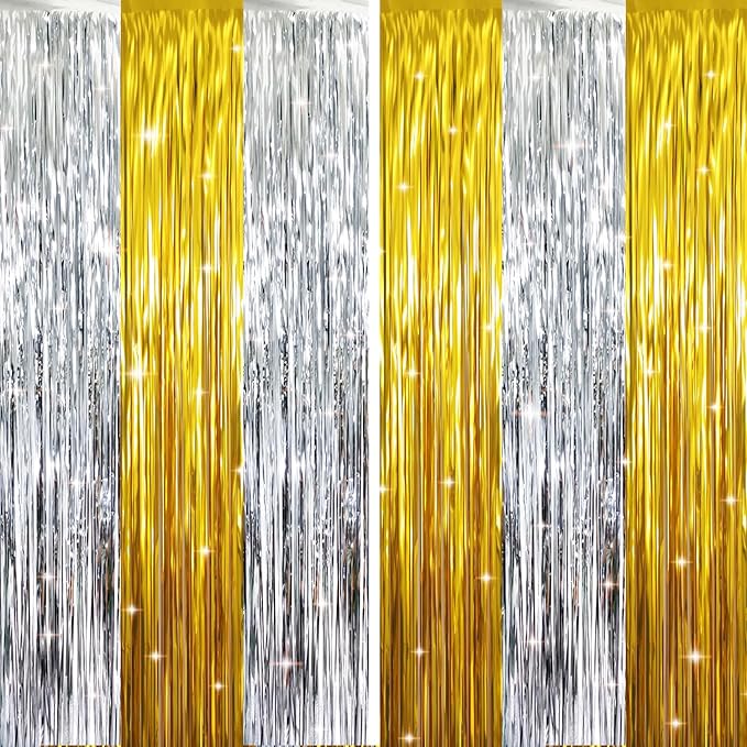 GOER 6.4 ft x 8.2 ft Metallic Tinsel Foil Fringe Curtains Party Backdrop Party Streamers for Birthday,Graduation,New Year Eve Decorations Wedding Decor (2 Pcs,Gold&Silver)