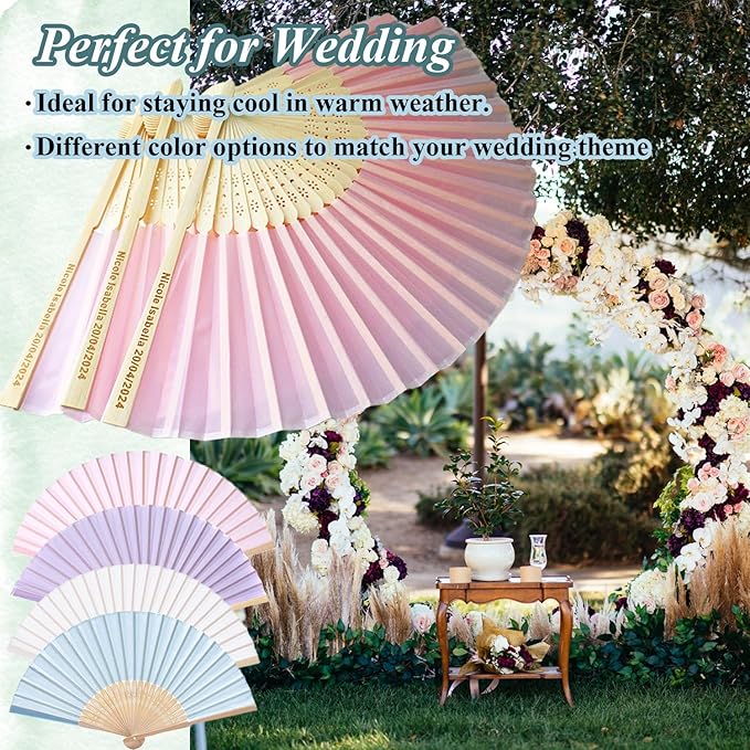 200 Pcs Personalized Pink Wedding Folding Fans for Guests, Custom Engraved Summer Wedding Fans, Folded Hand Fans for Wedding Favors, Vintage Silk Handheld Fans for Bridal Shower Decorations