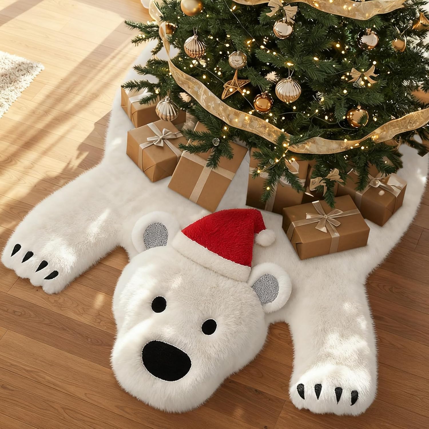 AerWo 48 Inch Christmas Tree Skirt, Faux Fur Polar Bear White Tree Skirt for White Christmas Decorations Indoor Party Holiday Xmas Home Decor