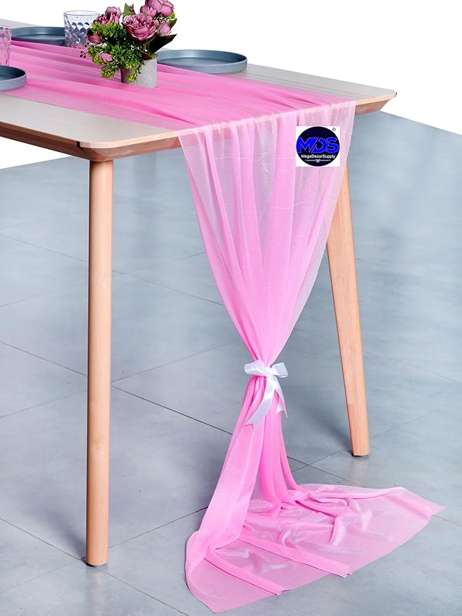 MDS 2 Pack 14ft Chiffon Table Runner 29 x 170 Inches Sheer Wedding Runner Romantic Rustic Table Runner for Wedding Decorations, Birthday Parties, Bridal Shower Party Arch Decor - Bubblegum Pink