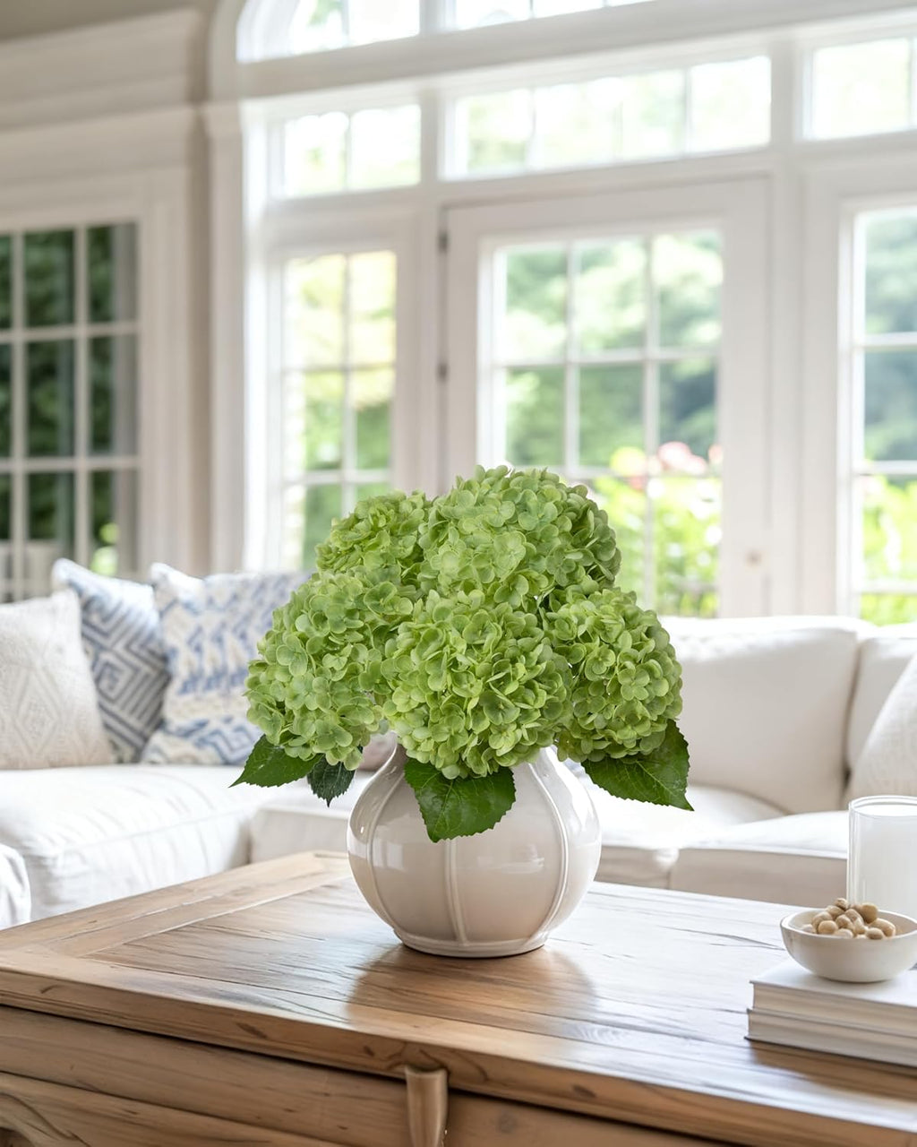 duhouse green artificial hydrangea flowers, 4pcs real touch shown in use