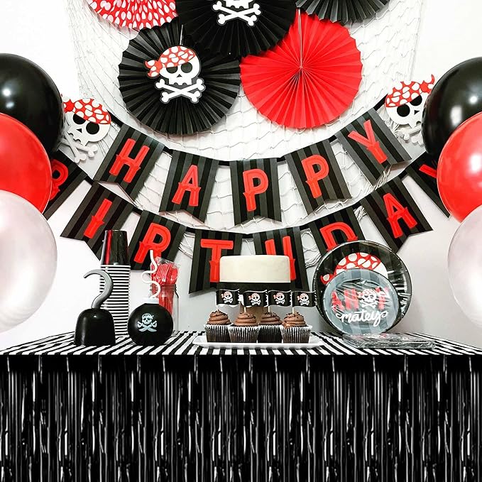 3 Pack 29 x108 Inch Black Foil Fringe Table Skirts Metallic Banner for Tinsel Streamer Garland Backdrop for Parade Floats Mother's Day, Graduate, Birthday, Wedding Party Decoration