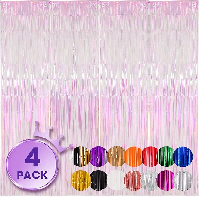 4 Pack Iridescent Transparent Foil Fringe Backdrop Curtains, Tinsel Streamers Birthday Party Decorations, Fringe Backdrop for Graduation, Baby Shower, Gender Reveal, Disco Party