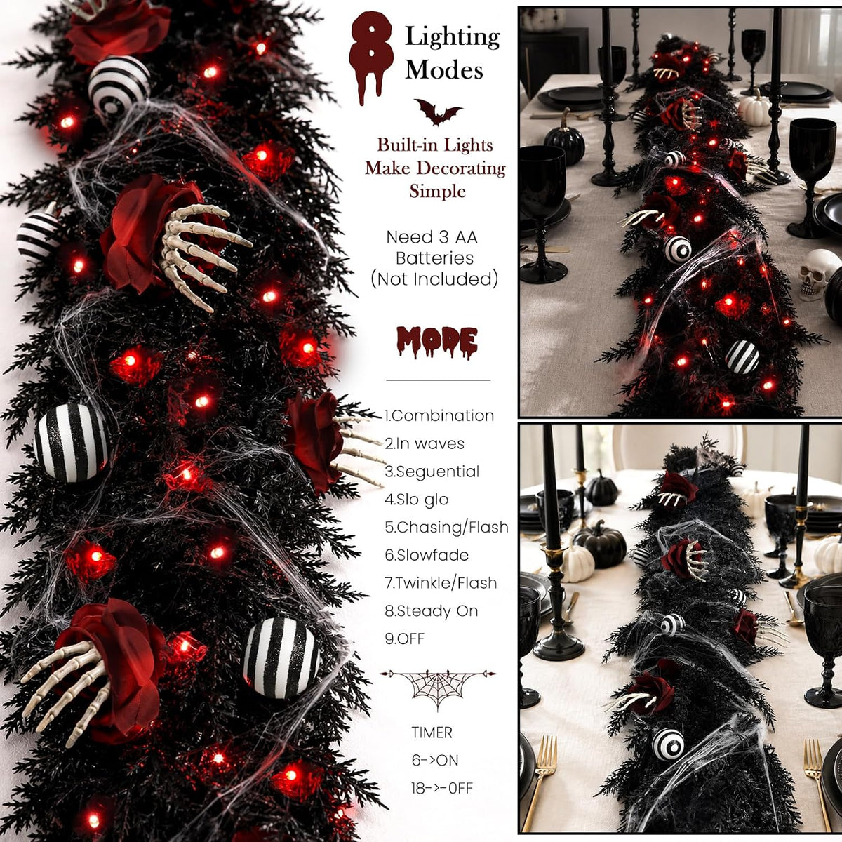 9ft black garland with lights and ornaments prelit, close-up detail