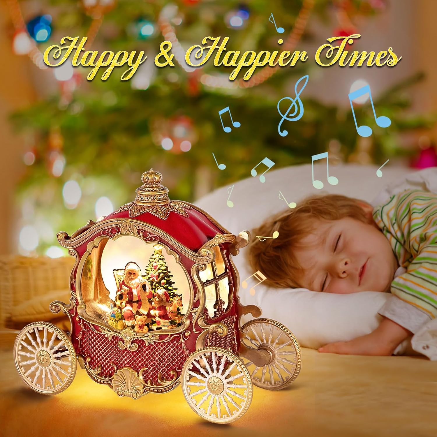 Christmas Snow Globes,Christmas Carriage Snow Globe with 8 Music & Timer, Battery Or USB Cable Powered Operated Glittering for Christmas Table Centerpiece Decoration.Gift- Santa,Christmas Tree