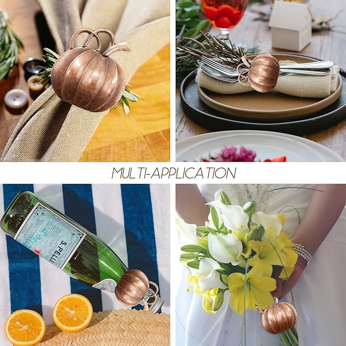 Halatool Pumpkin Napkin Rings Set of 12, Alloy Fall Napkin Rings Thanksgiving Halloween Dinner Tables Holders for Thanksgiving Weddings Holidays Gathering Dinner Party (Bronze)