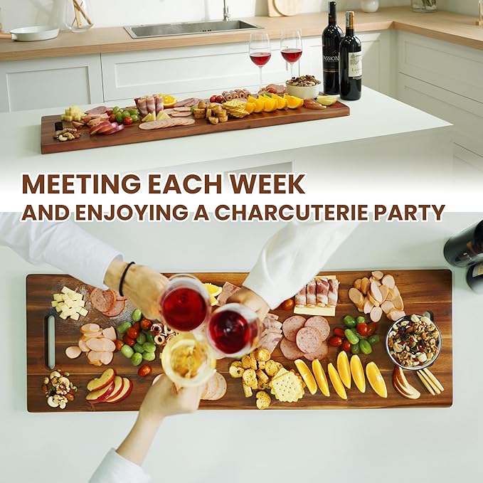 36" Large Acacia Wood Charcuterie Board with Handles - Extra Long Wooden Serving Cheese Boards - Rectangular Serving Platter for Meat Steak, Cracker Appetizers, Fruit Decorative Display Party